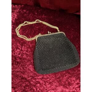 VTG 1950s Gems by George Black Beaded Evening Purse Gold Chain Strap SEE DETAILS